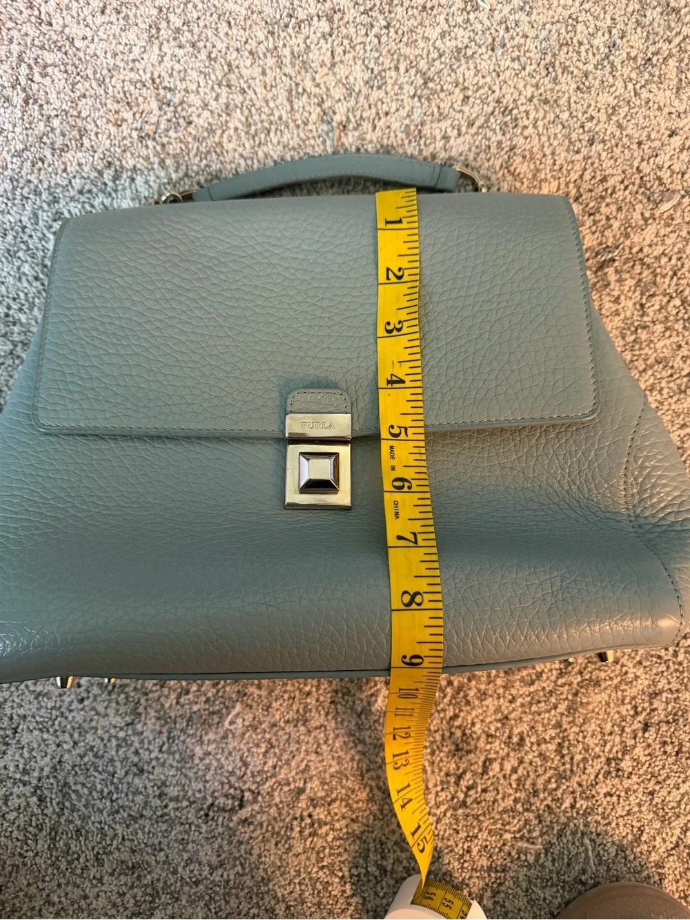 Furla Pebbled Leather Satchel in Pale Blue with Gold Hardware